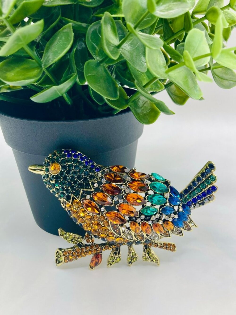 Rhinestone -Studded Multi-Color Bird Brooch Pin -67B